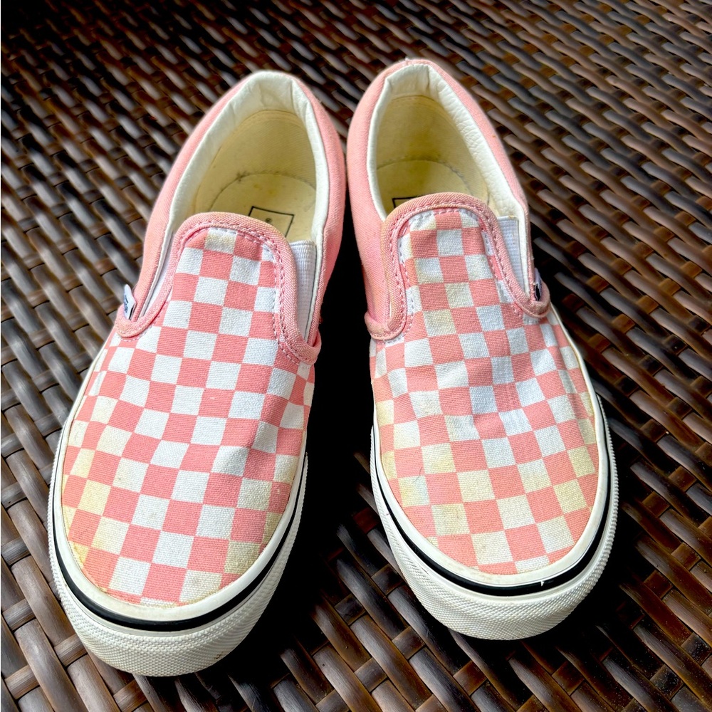 Vans Kids Pink and White Checkered Slip-On Sneakers